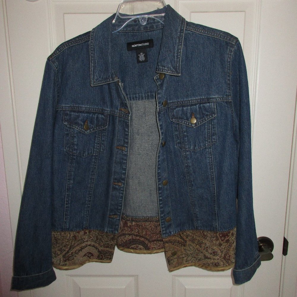 Vintage blue jean jacket with tapestry trim